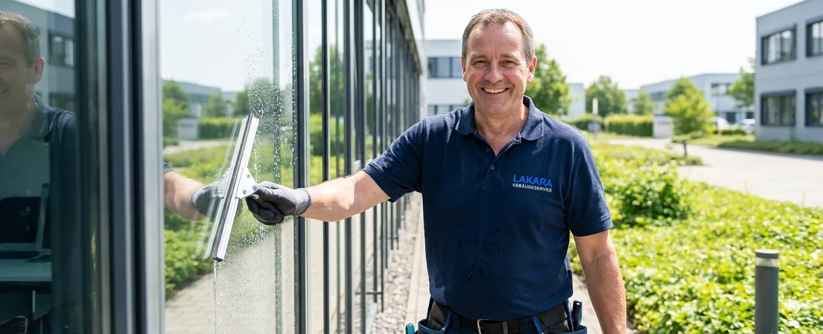 LAKARA Gebäudeservice Mitarbeiter bei professioneller Fensterreinigung